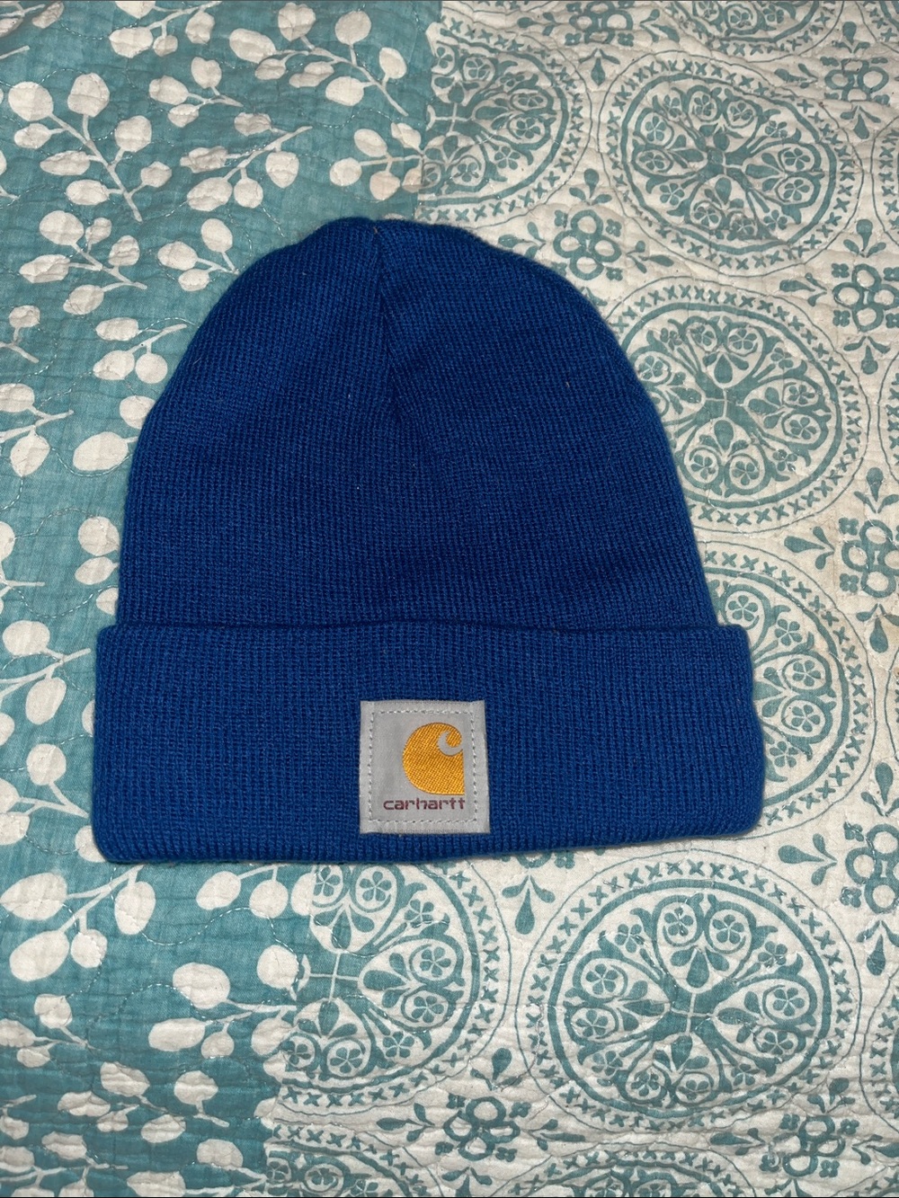 Carhartt Royal Blue Cuffed Knit Beanie with Gold Logo Patch
